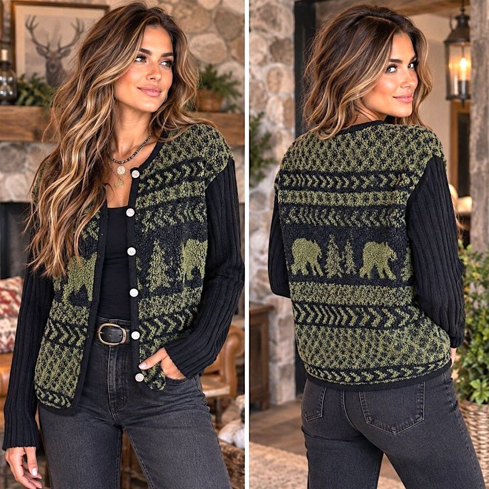 Vtg 90s Tally Ho Elephant Sweater Cardigan M Green Black Heritage Textured Knit